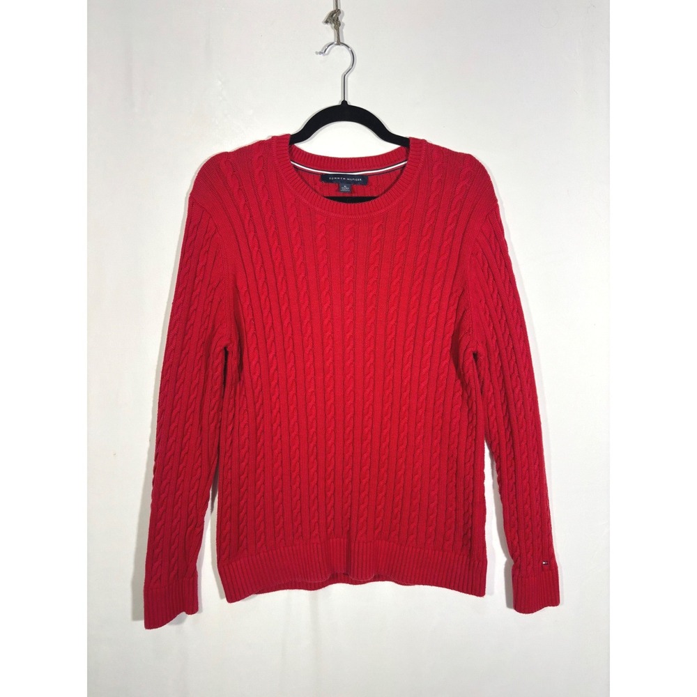 Timeless Minimalist Preppy Tommy Hilfiger Cable Knit Sweater Women XL Red